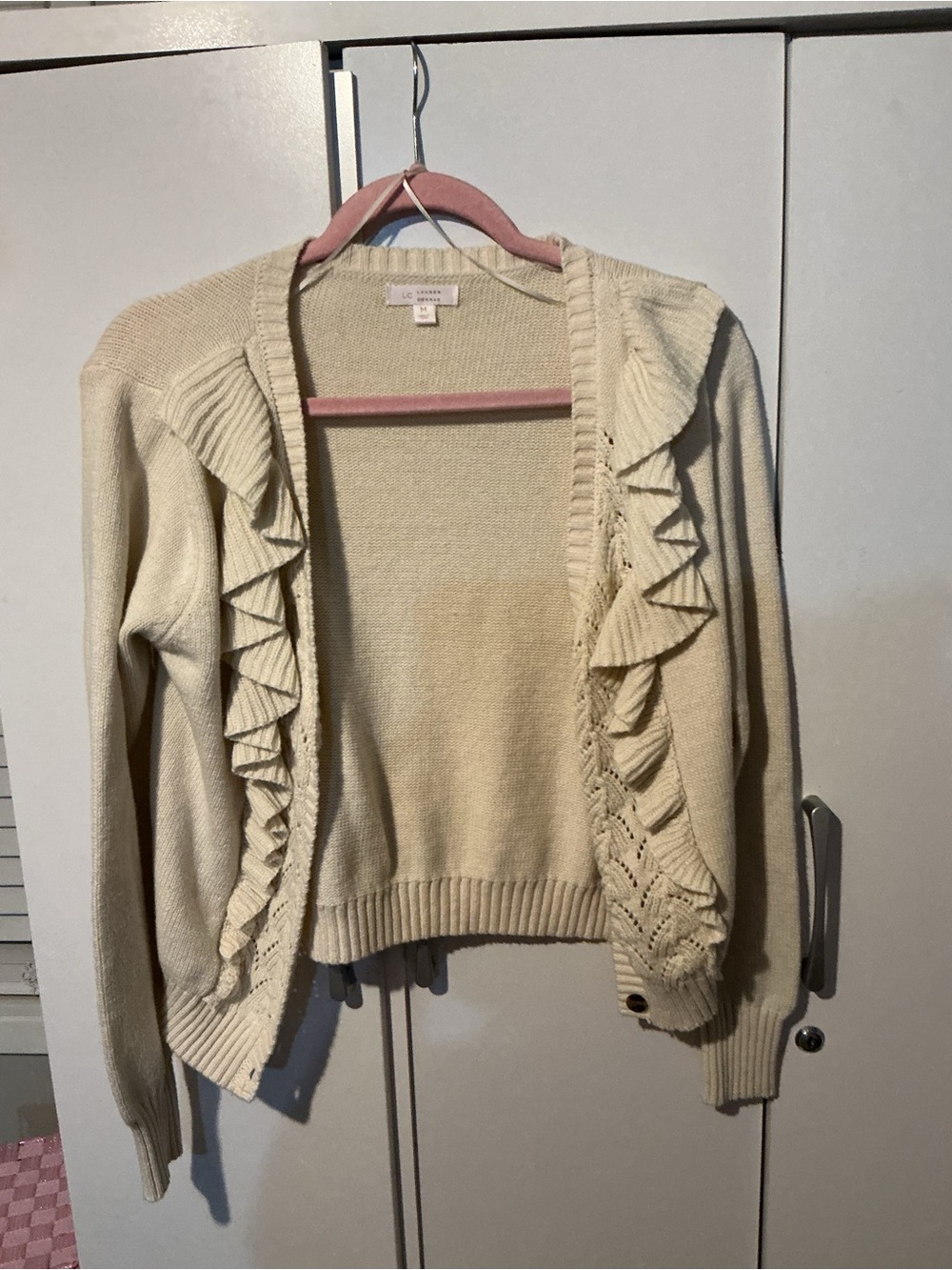 LC Lauren Conrad Cream Ruffle-Trim Open Cardigan